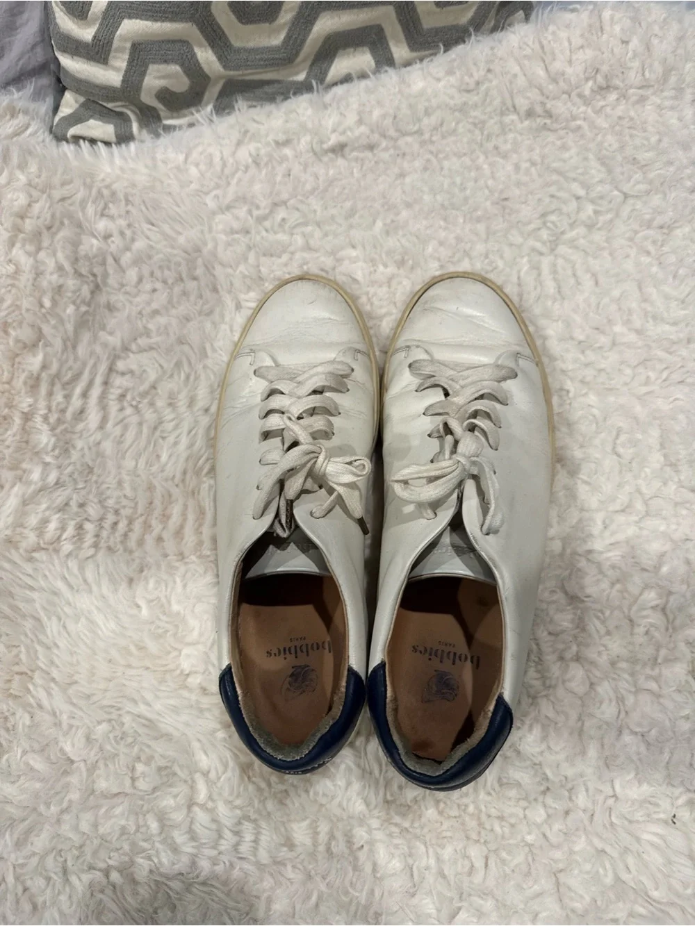 White Leather Low-Top Sneakers with Navy Heel Accent